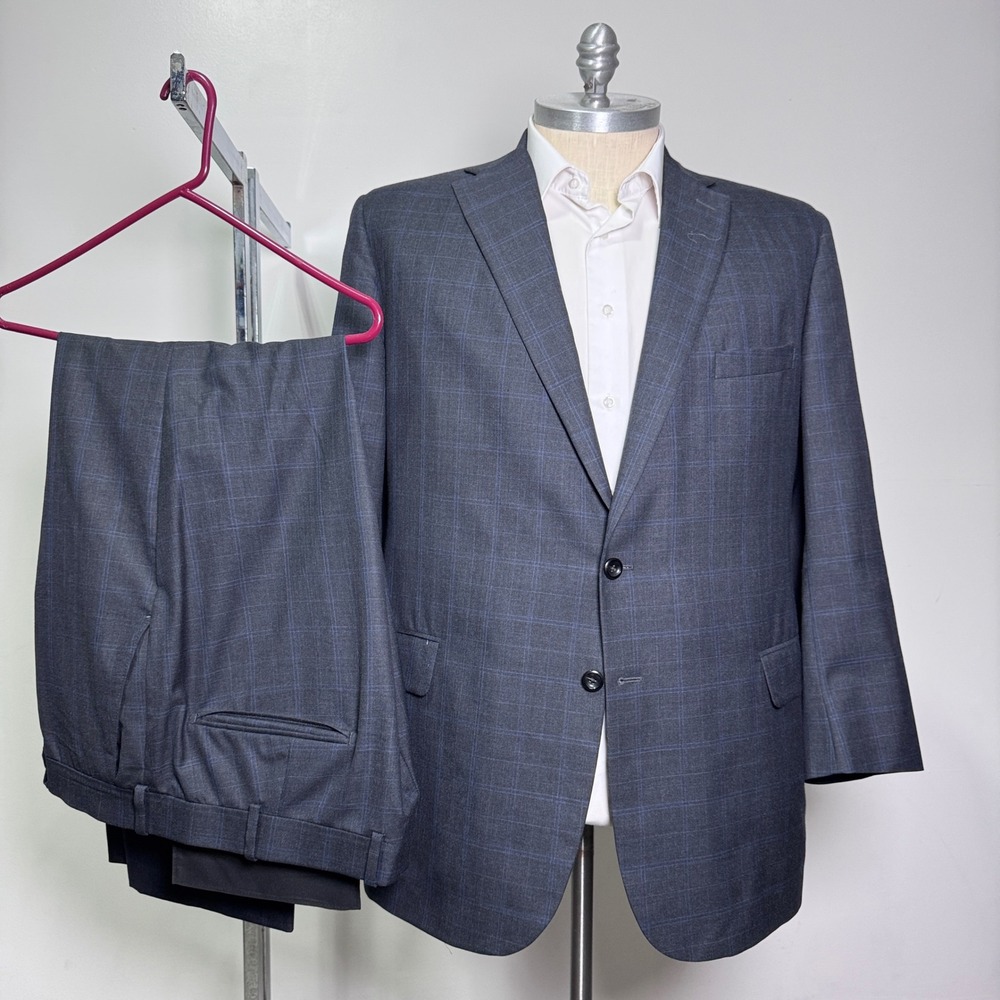 Royal Classic 2-Piece Suit Mens 46R 40x30 Charcoal Blue Windowpane Plaid Wool